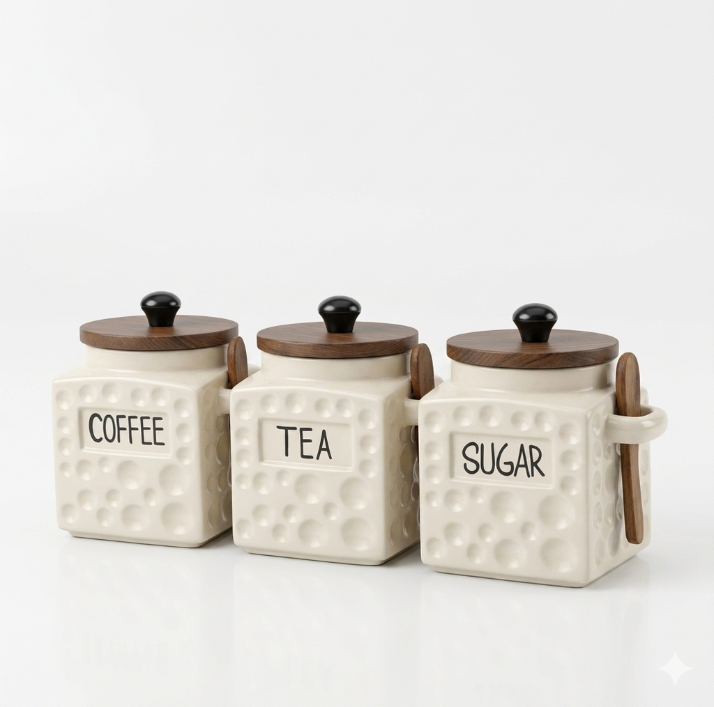 3-Piece Ceramic Canister Set – Tea, Coffee & Sugar Jars with Wooden Airtight Lids