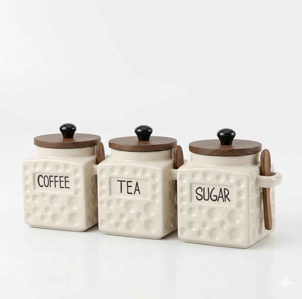 3-Piece Ceramic Canister Set – Tea, Coffee & Sugar Jars with Wooden Airtight Lids