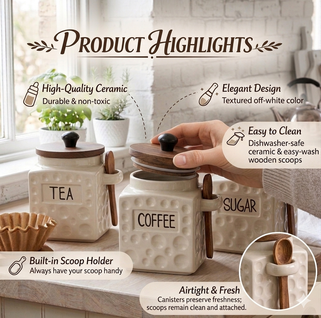 3-Piece Ceramic Canister Set – Tea, Coffee & Sugar Jars with Wooden Airtight Lids