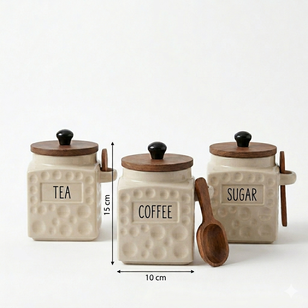 3-Piece Ceramic Canister Set – Tea, Coffee & Sugar Jars with Wooden Airtight Lids