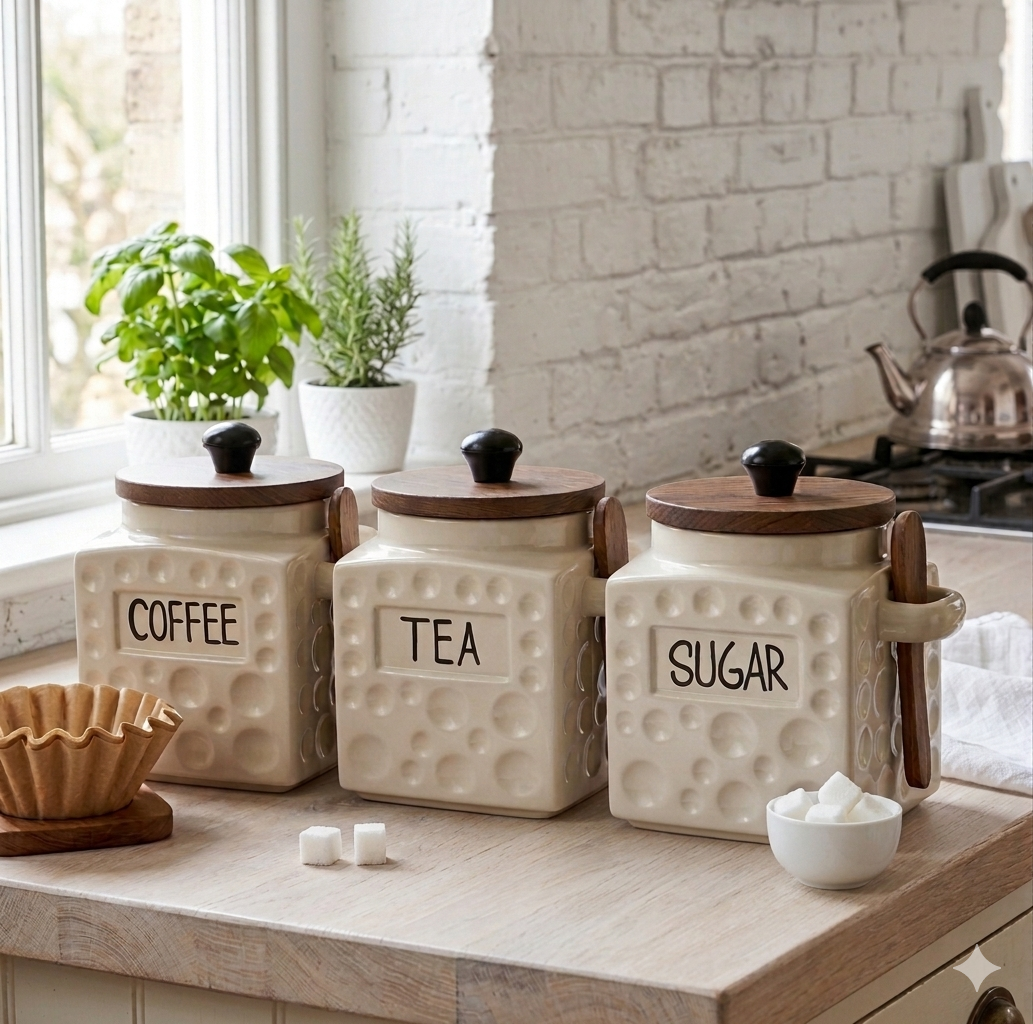 3-Piece Ceramic Canister Set – Tea, Coffee & Sugar Jars with Wooden Airtight Lids